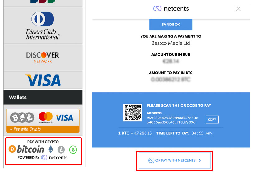 Deposit using Bitcoin powered by netcents