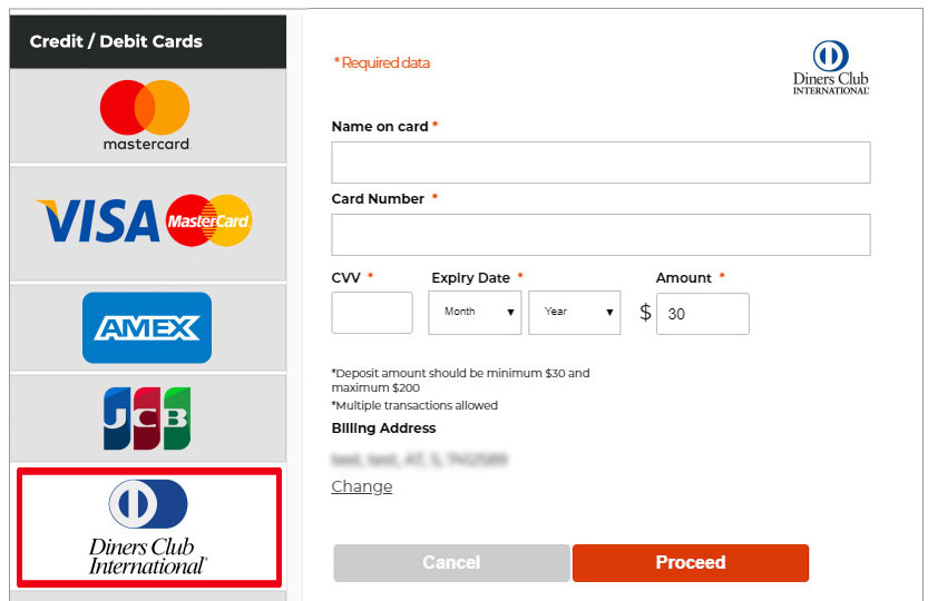 Deposit using Diners Club International