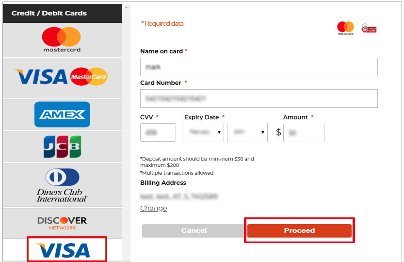 Deposit using Visa Card